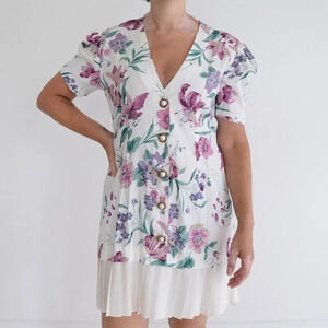 Vintage VIP Petites White w Purple  Floral Button Drop Waist Swing Dress 4